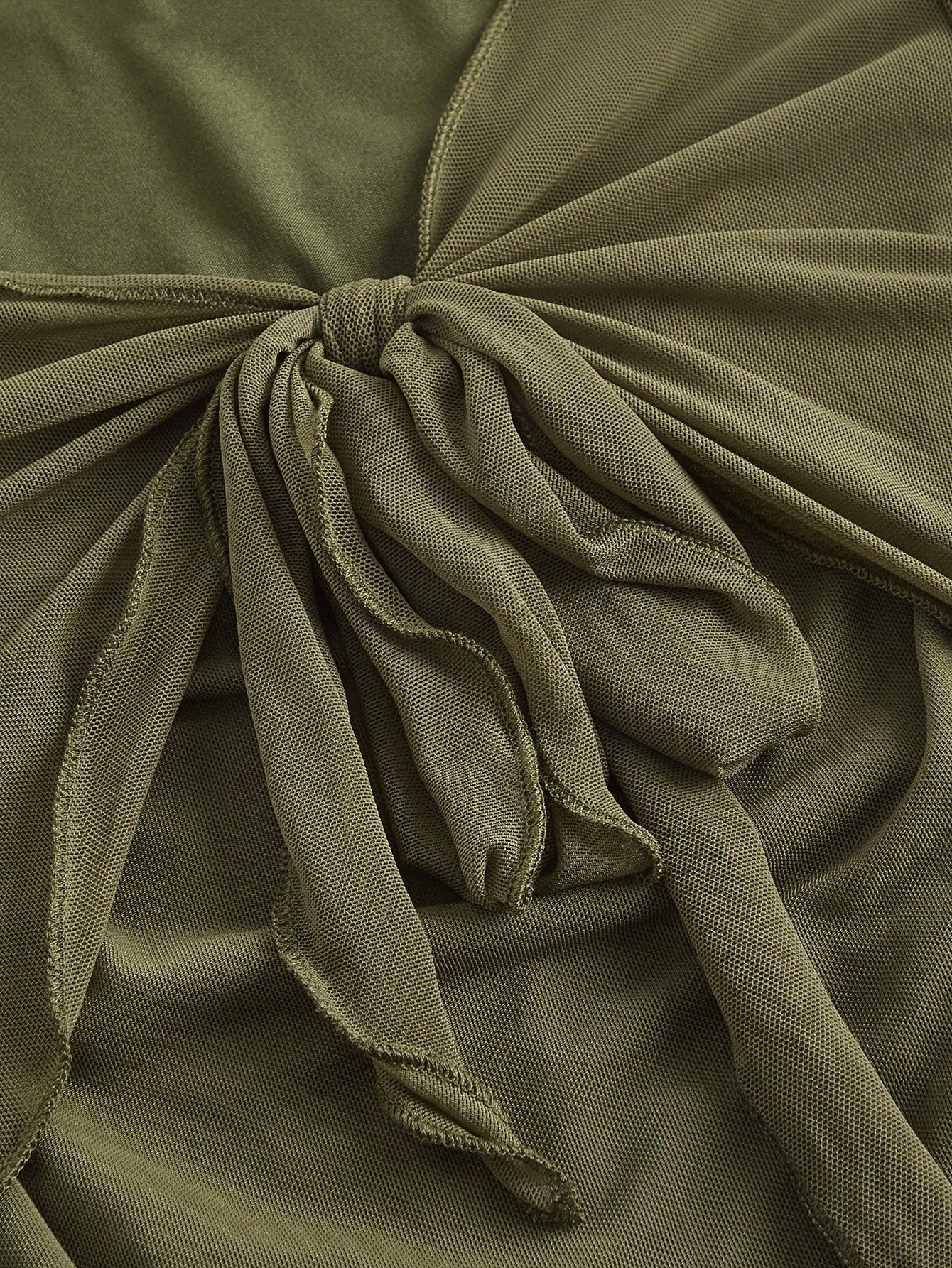 Fashzeo women's army green front-knot top with long sheer bell sleeves and lettuce-edge ruffle trim.
