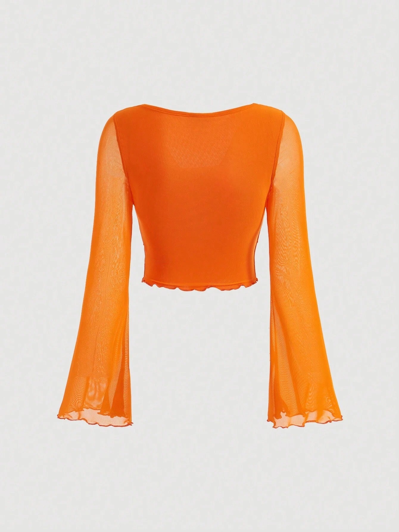 Fashzeo women's orange front-knot top with long sheer bell sleeves and lettuce-edge ruffle trim.
