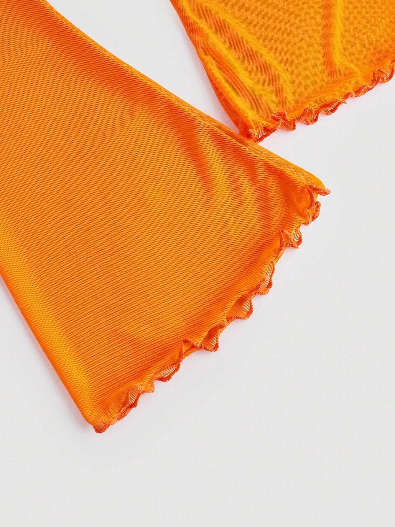 Fashzeo women's orange front-knot top with long sheer bell sleeves and lettuce-edge ruffle trim.