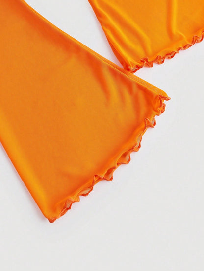 Fashzeo women's orange front-knot top with long sheer bell sleeves and lettuce-edge ruffle trim.