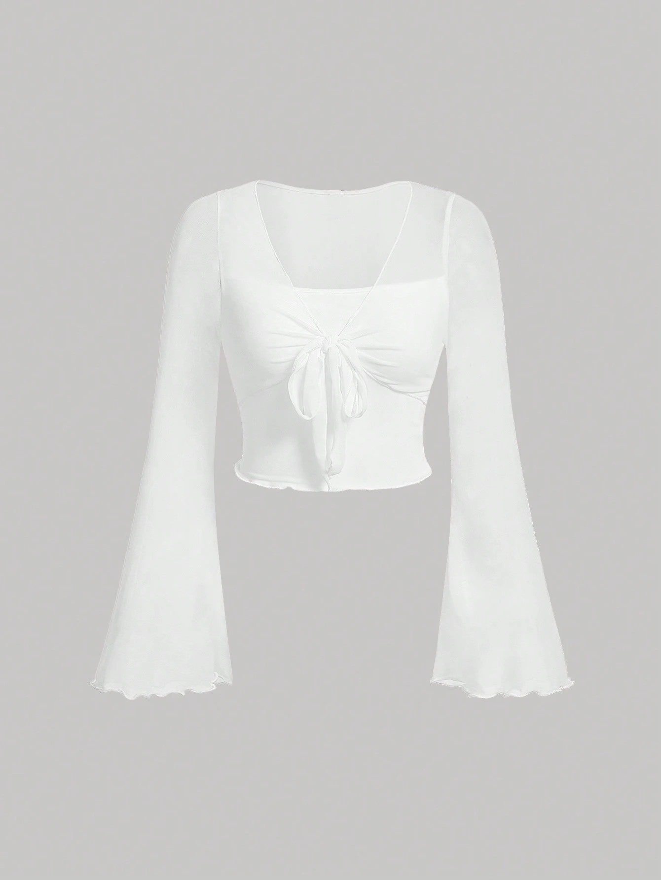 Fashzeo women's white front-knot top with long sheer bell sleeves and lettuce-edge ruffle trim.