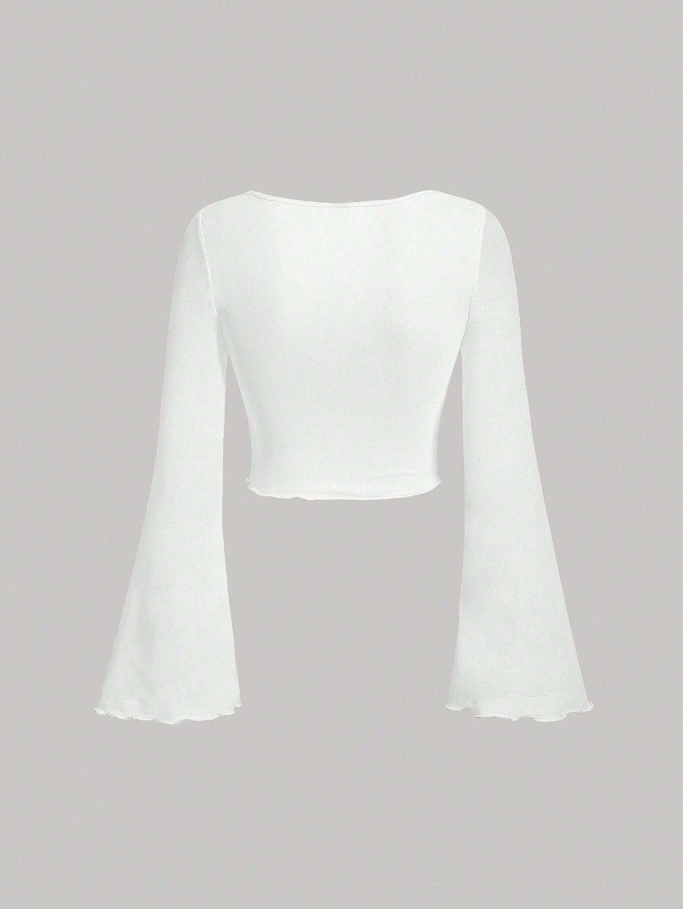Fashzeo women's white front-knot top with long sheer bell sleeves and lettuce-edge ruffle trim.