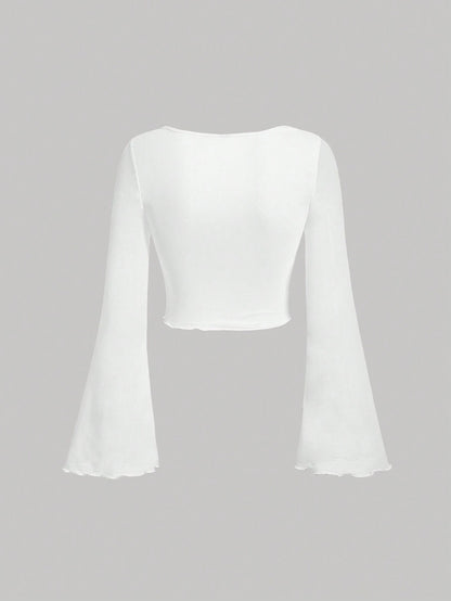 Fashzeo women's white front-knot top with long sheer bell sleeves and lettuce-edge ruffle trim.