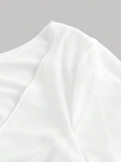 Fashzeo women's white front-knot top with long sheer bell sleeves and lettuce-edge ruffle trim.