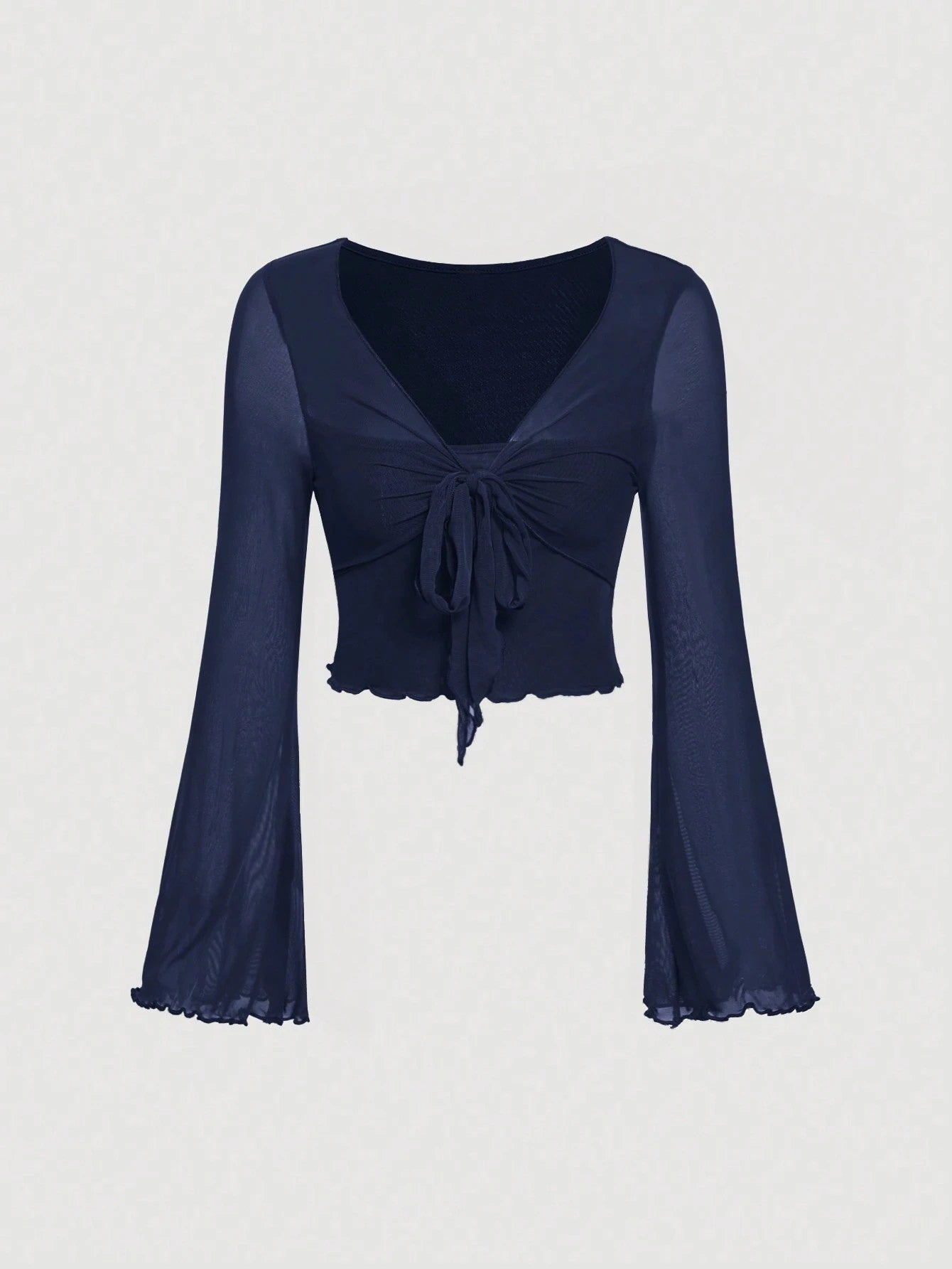Fashzeo women's navy blue front-knot top with long sheer bell sleeves and lettuce-edge ruffle trim.