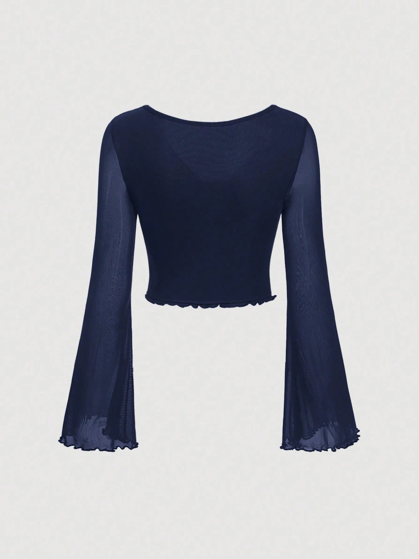 Fashzeo women's navy blue front-knot top with long sheer bell sleeves and lettuce-edge ruffle trim.
