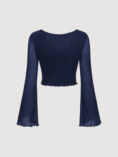 Fashzeo women's navy blue front-knot top with long sheer bell sleeves and lettuce-edge ruffle trim.