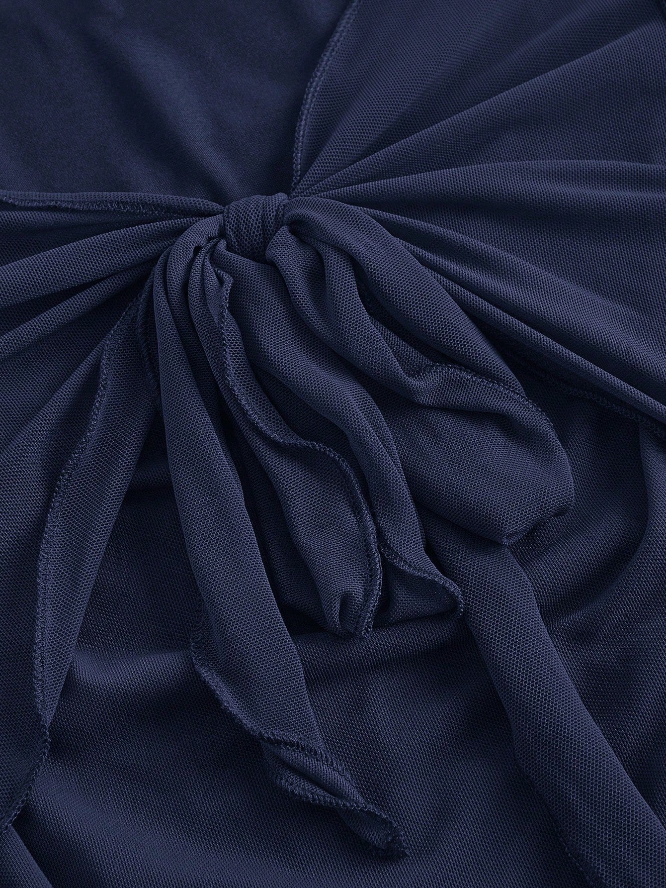 Fashzeo women's navy blue front-knot top with long sheer bell sleeves and lettuce-edge ruffle trim.