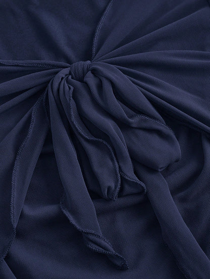 Fashzeo women's navy blue front-knot top with long sheer bell sleeves and lettuce-edge ruffle trim.