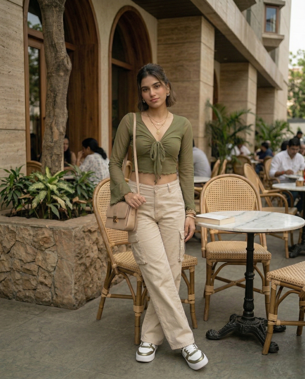 Fashzeo women's army green front-knot top with long sheer bell sleeves and lettuce-edge ruffle trim.