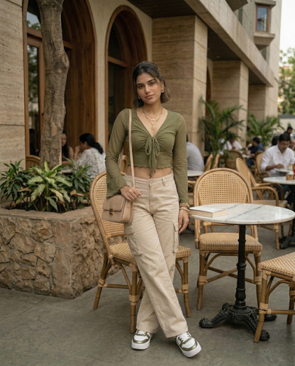 Fashzeo women's army green front-knot top with long sheer bell sleeves and lettuce-edge ruffle trim.
