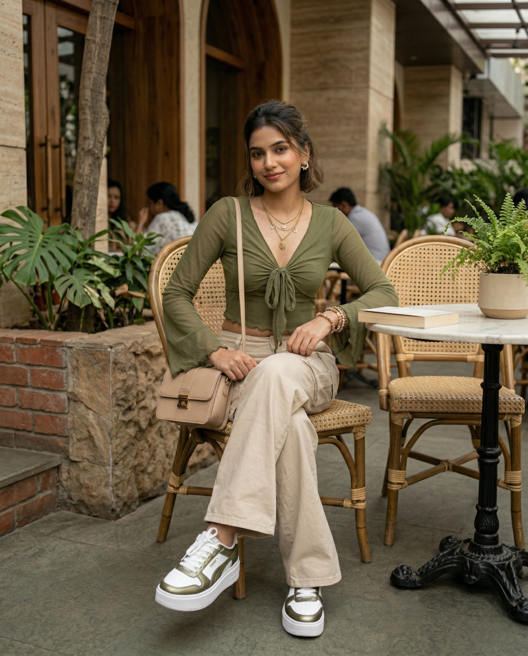 Fashzeo women's army green front-knot top with long sheer bell sleeves and lettuce-edge ruffle trim.