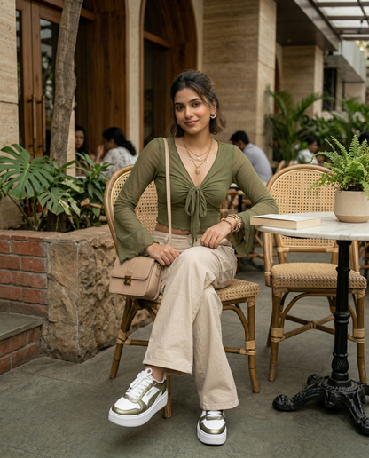 Fashzeo women's army green front-knot top with long sheer bell sleeves and lettuce-edge ruffle trim.