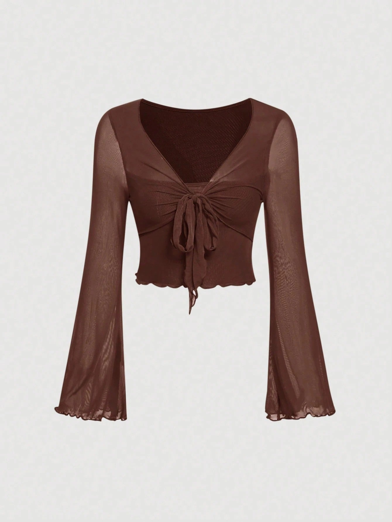 Fashzeo women's brown front-knot top with long sheer bell sleeves and lettuce-edge ruffle trim.