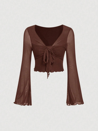 Fashzeo women's brown front-knot top with long sheer bell sleeves and lettuce-edge ruffle trim.