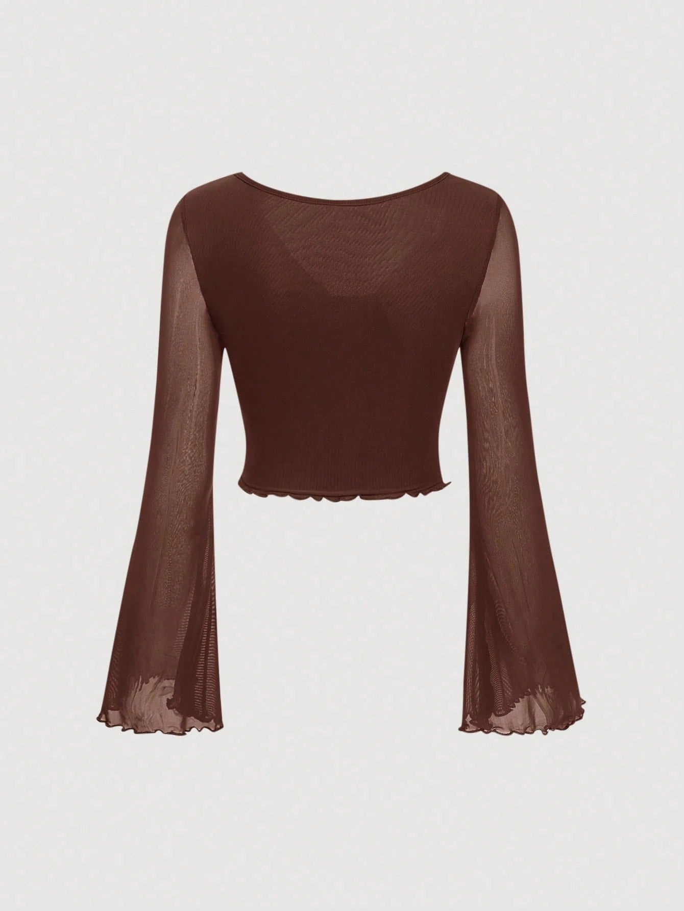 Fashzeo women's brown front-knot top with long sheer bell sleeves and lettuce-edge ruffle trim.