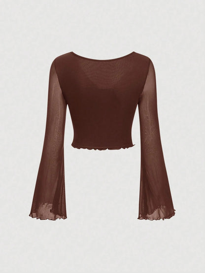 Fashzeo women's brown front-knot top with long sheer bell sleeves and lettuce-edge ruffle trim.