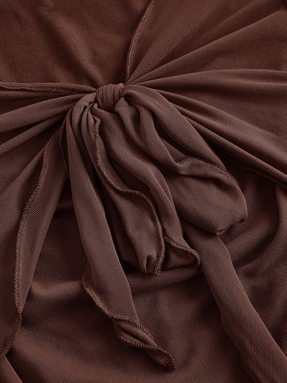 Fashzeo women's brown front-knot top with long sheer bell sleeves and lettuce-edge ruffle trim.
