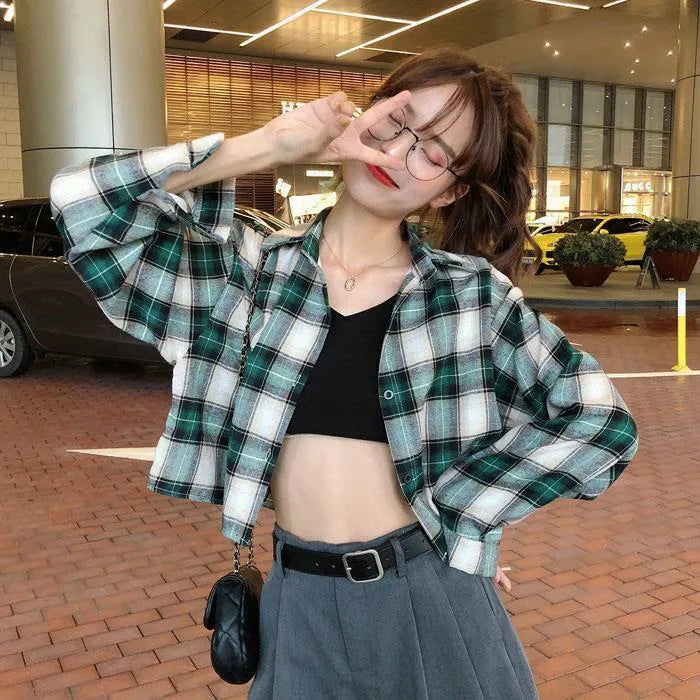 Trendy Korean Plaid Cropped Shirt | Loose Fit Button-Up Long Sleeve Cotton Blouse – Spring & Autumn Style