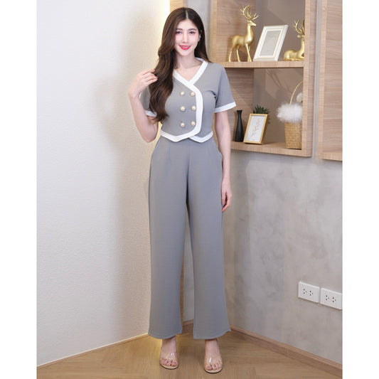 Chic Pearl-Button Wool Co-ord Set – Suit-Style Top & Tailored Pants with Pockets