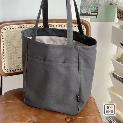 Large Capacity Canvas Tote Bag – Zipper Closure Shoulder Handbag in Neutral Everyday Colors