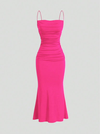 Elegant Pleated Mermaid Cami Maxi Dress – Ruched Backless Slip Dress for Evening & Parties