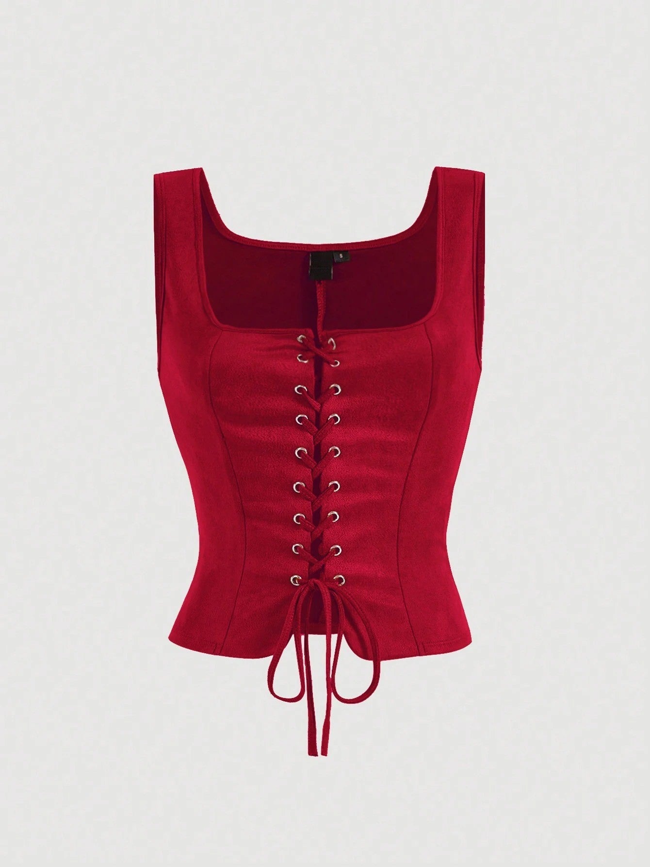 Red corset top on a light gray background