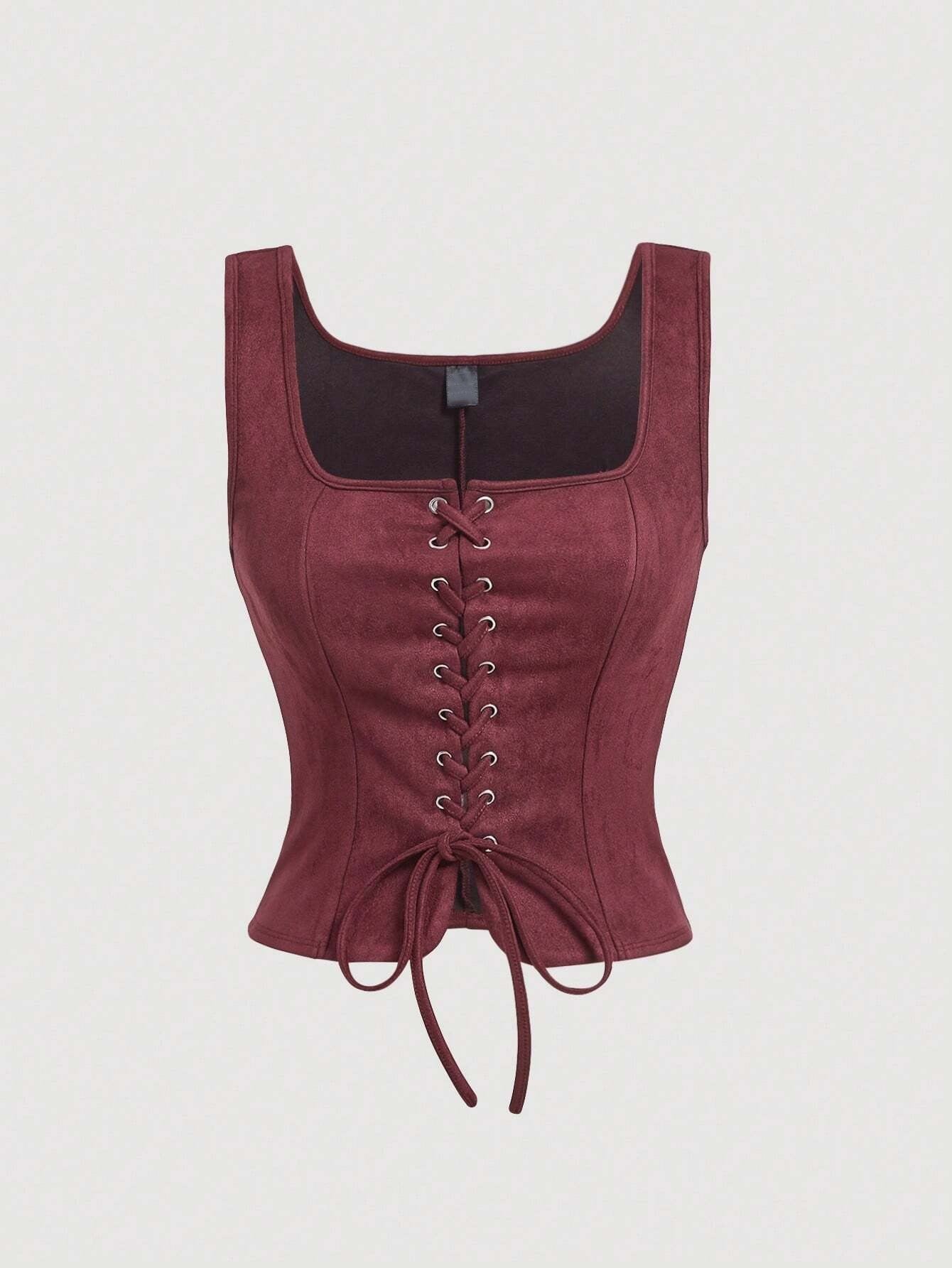 Maroon corset top with lace-up front on a light gray background