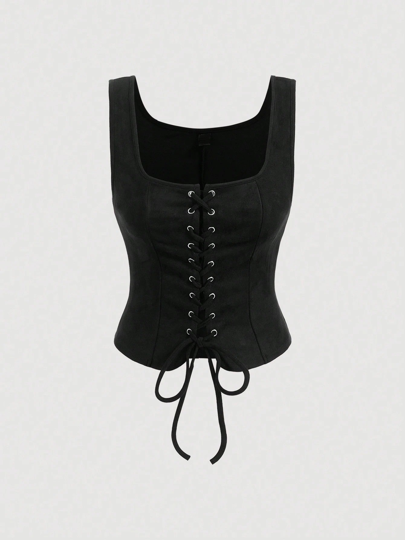 Black corset top on a light gray background