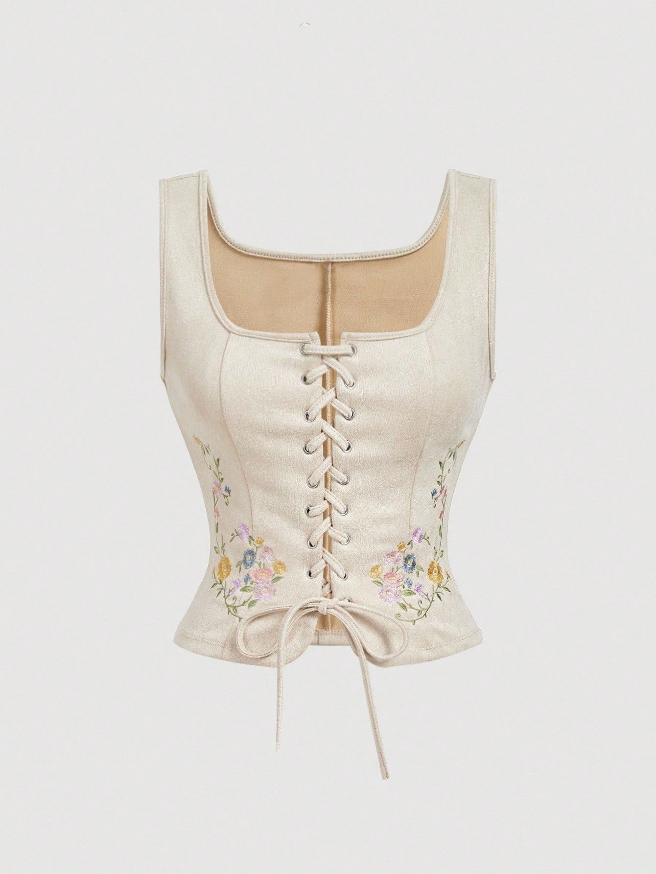 Embroidered Lace-Up Front Crisscross Tank Top | Slim Fit Scoop & Square Neck Crop Top with Eyelet Detail