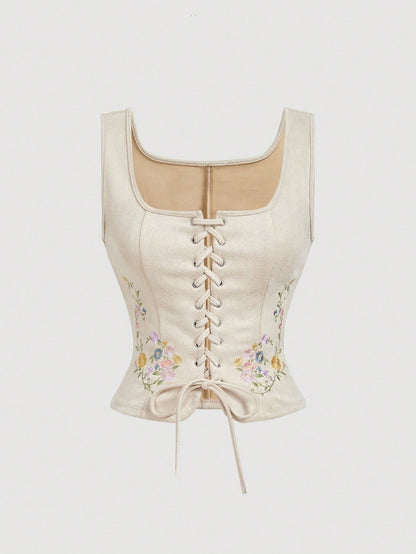 Embroidered Lace-Up Front Crisscross Tank Top | Slim Fit Scoop & Square Neck Crop Top with Eyelet Detail