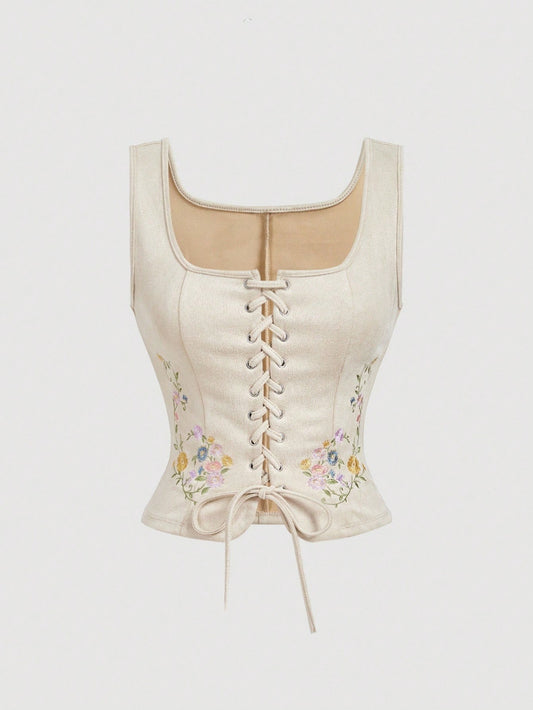 Embroidered Lace-Up Front Crisscross Tank Top | Slim Fit Scoop & Square Neck Crop Top with Eyelet Detail