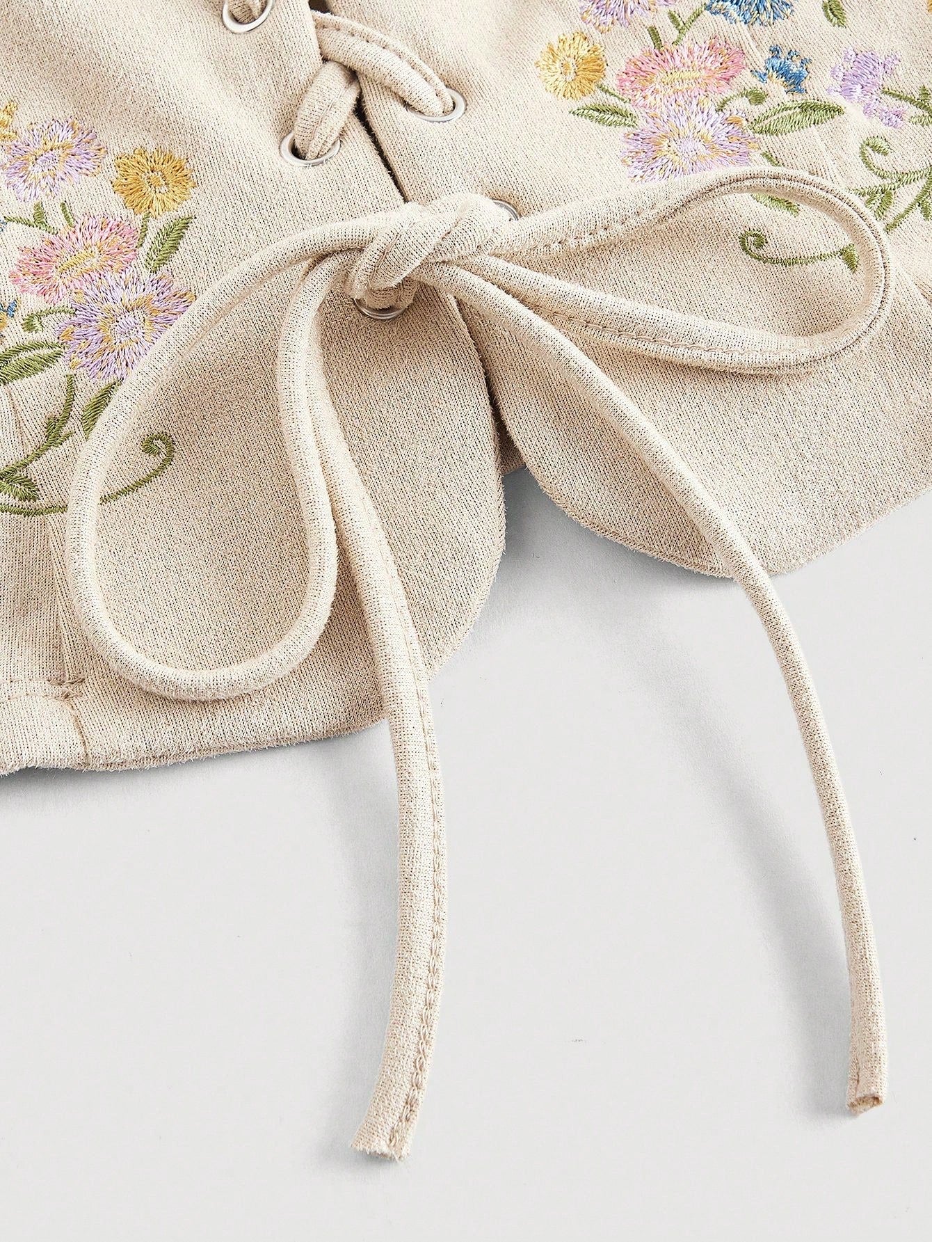 Embroidered Lace-Up Front Crisscross Tank Top | Slim Fit Scoop & Square Neck Crop Top with Eyelet Detail