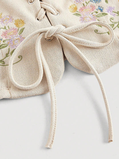 Embroidered Lace-Up Front Crisscross Tank Top | Slim Fit Scoop & Square Neck Crop Top with Eyelet Detail