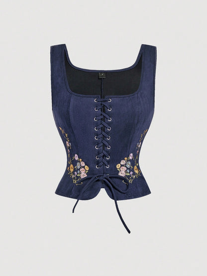 Embroidered Lace-Up Front Crisscross Tank Top | Slim Fit Scoop & Square Neck Crop Top with Eyelet Detail