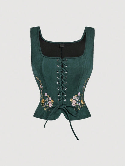 Embroidered Lace-Up Front Crisscross Tank Top | Slim Fit Scoop & Square Neck Crop Top with Eyelet Detail