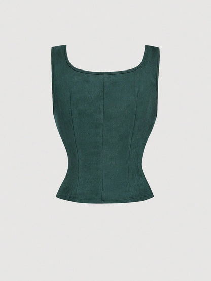 Embroidered Lace-Up Front Crisscross Tank Top | Slim Fit Scoop & Square Neck Crop Top with Eyelet Detail