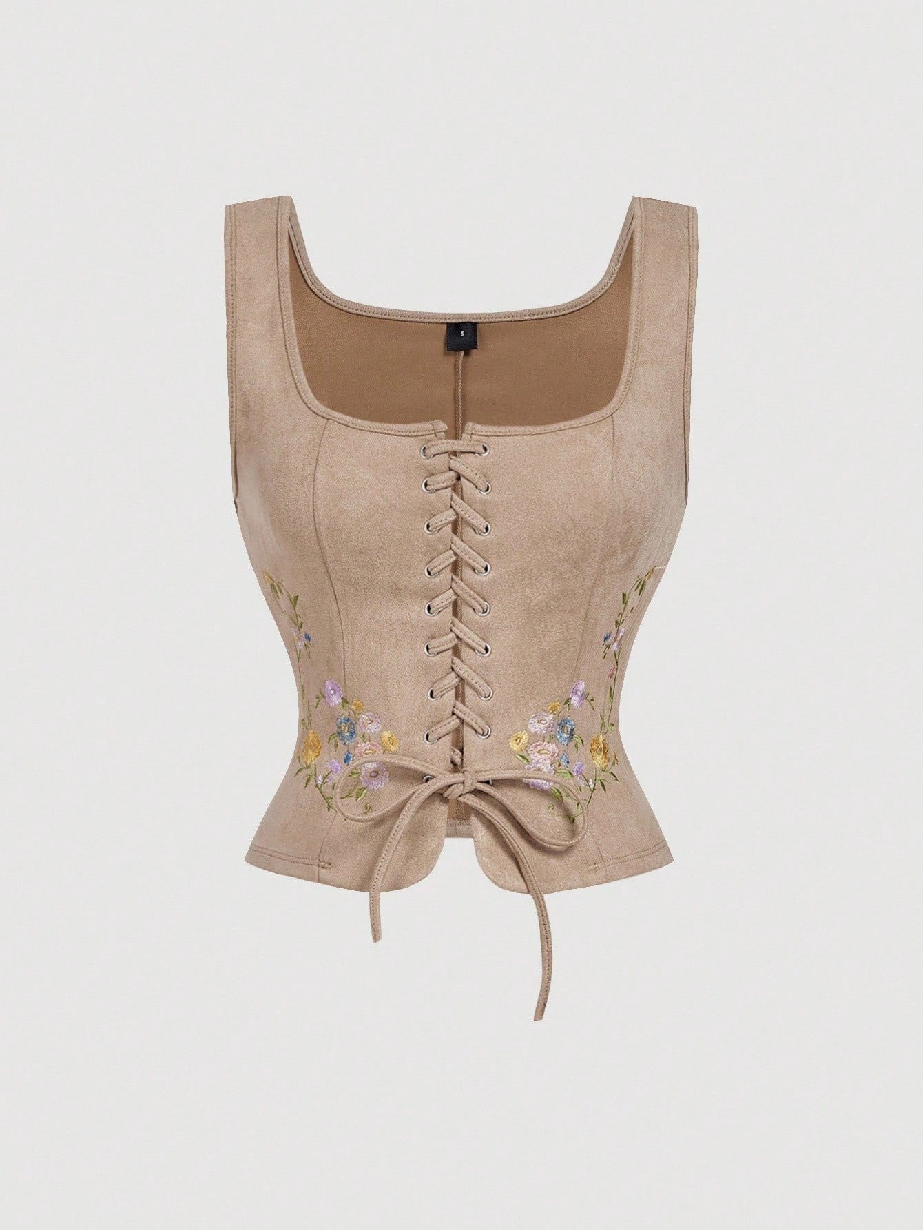 Embroidered Lace-Up Front Crisscross Tank Top | Slim Fit Scoop & Square Neck Crop Top with Eyelet Detail