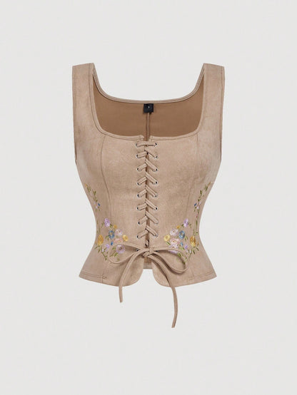 Embroidered Lace-Up Front Crisscross Tank Top | Slim Fit Scoop & Square Neck Crop Top with Eyelet Detail