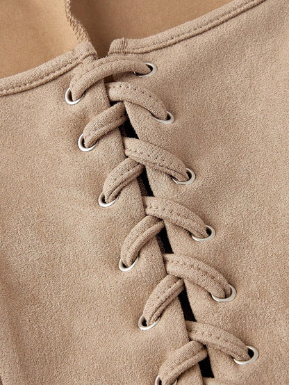 Embroidered Lace-Up Front Crisscross Tank Top | Slim Fit Scoop & Square Neck Crop Top with Eyelet Detail