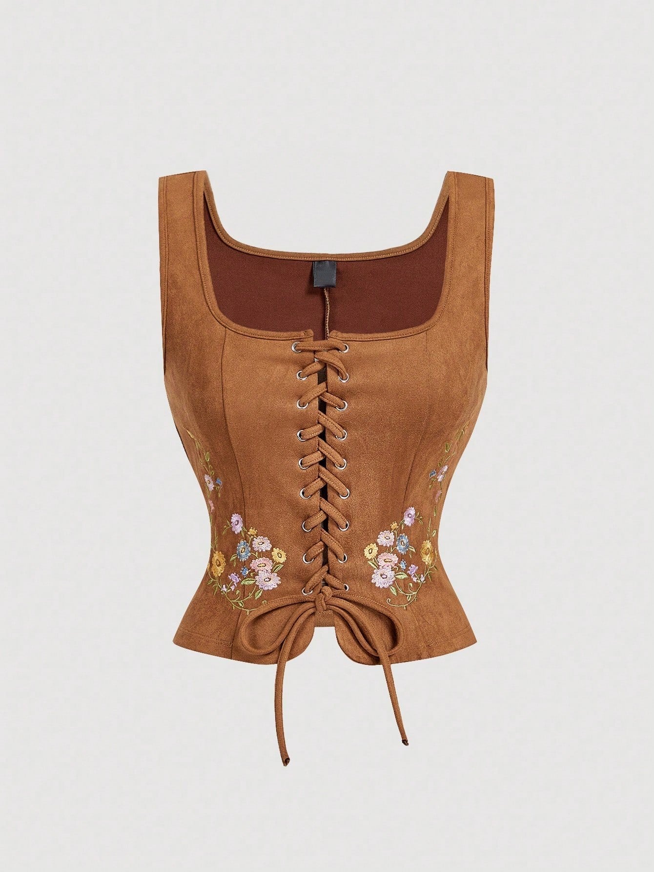 Embroidered Lace-Up Front Crisscross Tank Top | Slim Fit Scoop & Square Neck Crop Top with Eyelet Detail