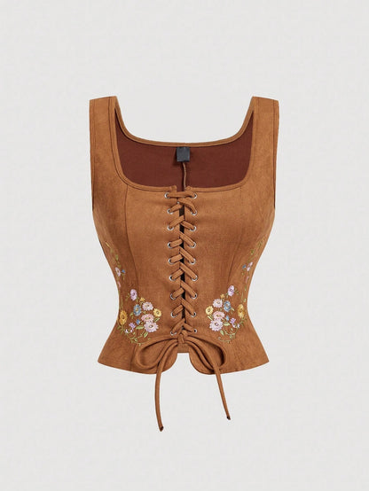 Embroidered Lace-Up Front Crisscross Tank Top | Slim Fit Scoop & Square Neck Crop Top with Eyelet Detail