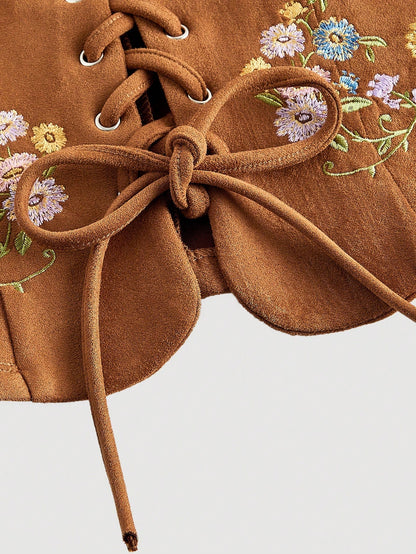 Embroidered Lace-Up Front Crisscross Tank Top | Slim Fit Scoop & Square Neck Crop Top with Eyelet Detail