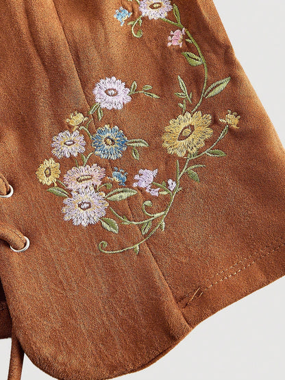 Embroidered Lace-Up Front Crisscross Tank Top | Slim Fit Scoop & Square Neck Crop Top with Eyelet Detail