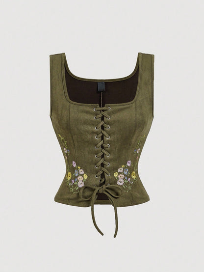 Embroidered Lace-Up Front Crisscross Tank Top | Slim Fit Scoop & Square Neck Crop Top with Eyelet Detail