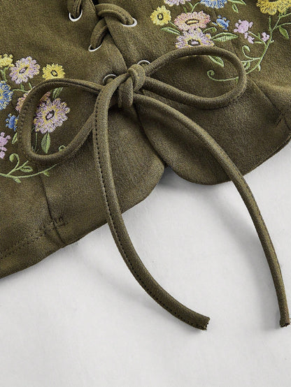 Embroidered Lace-Up Front Crisscross Tank Top | Slim Fit Scoop & Square Neck Crop Top with Eyelet Detail