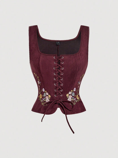 Embroidered Lace-Up Front Crisscross Tank Top | Slim Fit Scoop & Square Neck Crop Top with Eyelet Detail