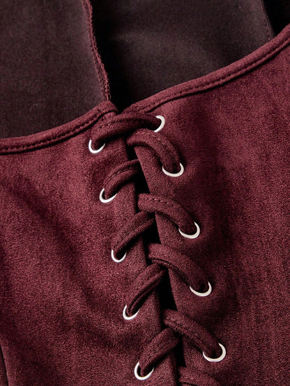 Embroidered Lace-Up Front Crisscross Tank Top | Slim Fit Scoop & Square Neck Crop Top with Eyelet Detail