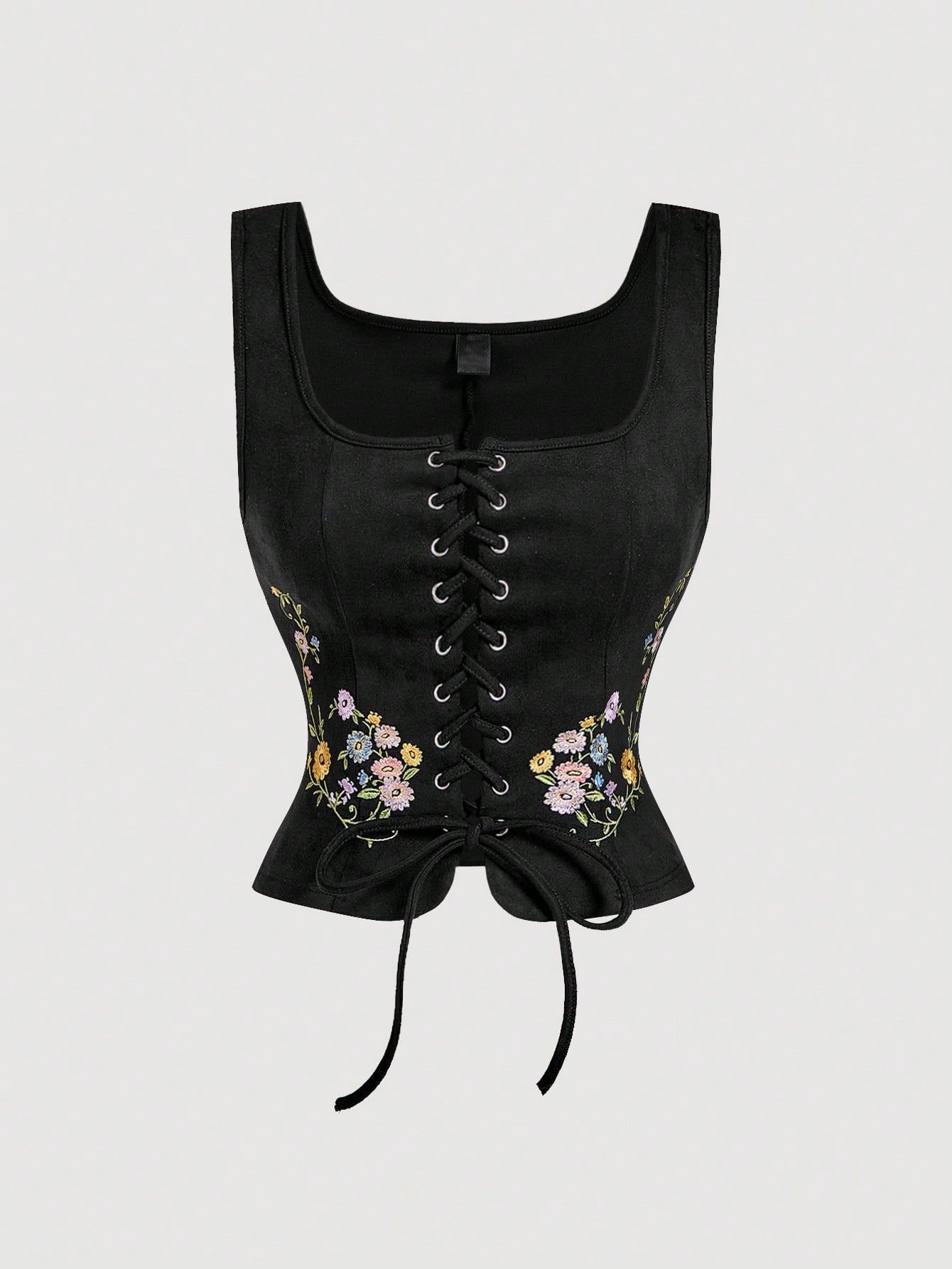 Embroidered Lace-Up Front Crisscross Tank Top | Slim Fit Scoop & Square Neck Crop Top with Eyelet Detail