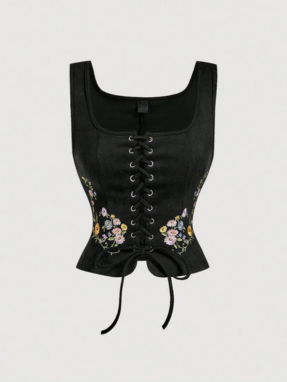 Embroidered Lace-Up Front Crisscross Tank Top | Slim Fit Scoop & Square Neck Crop Top with Eyelet Detail